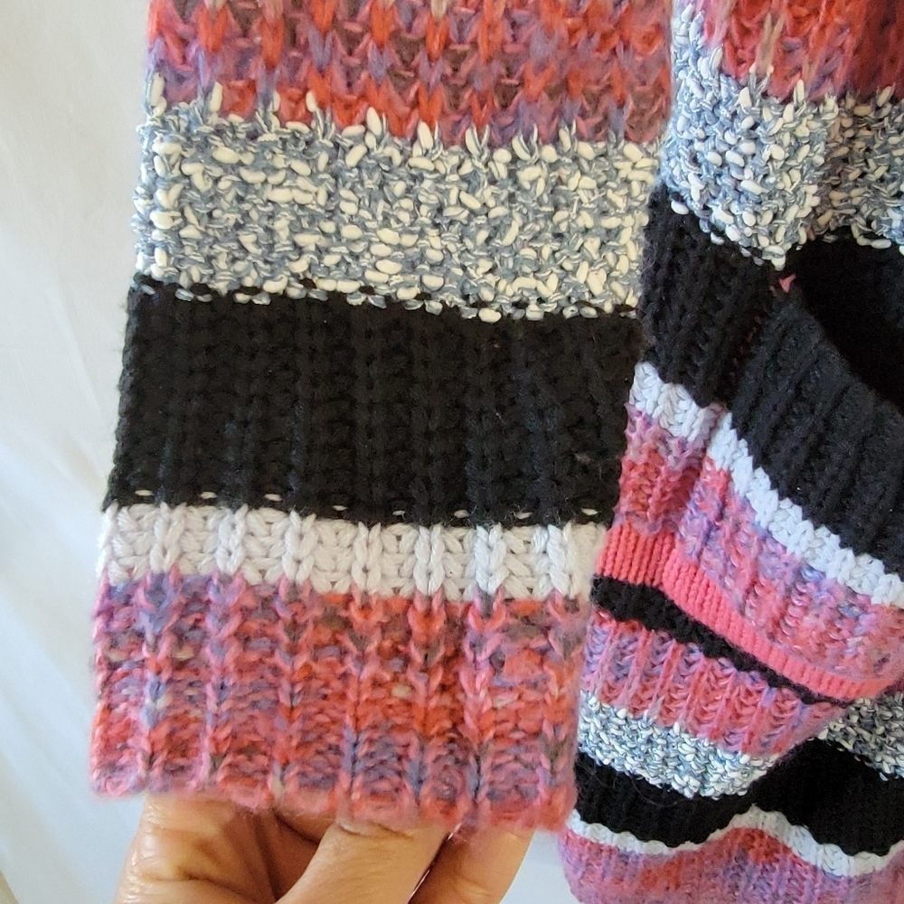 Women's Multicolored Striped Open Front Duster Cardigan L Boho Minimalist Pocket - Picture 6 of 11